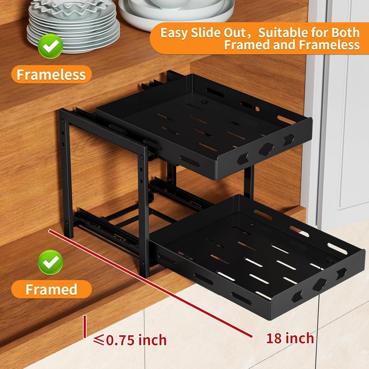 Uittrekbaar kruidenrek, 2 niveaus, in hoogte verstelbaar, kruidenrek, kast, keukenorganizer, telescopische lade, kruidenreksysteem voor keukenkast, 24,5 cm B x 27,5 cm L x 23,2 cm H