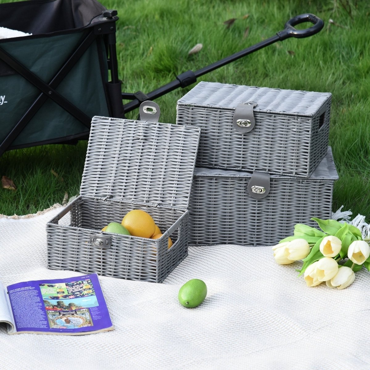Storage basket with lid - Storage box - Storage baskets - Storage bins - Grey - 35.5 cm x 28.5 cm x 18 cm