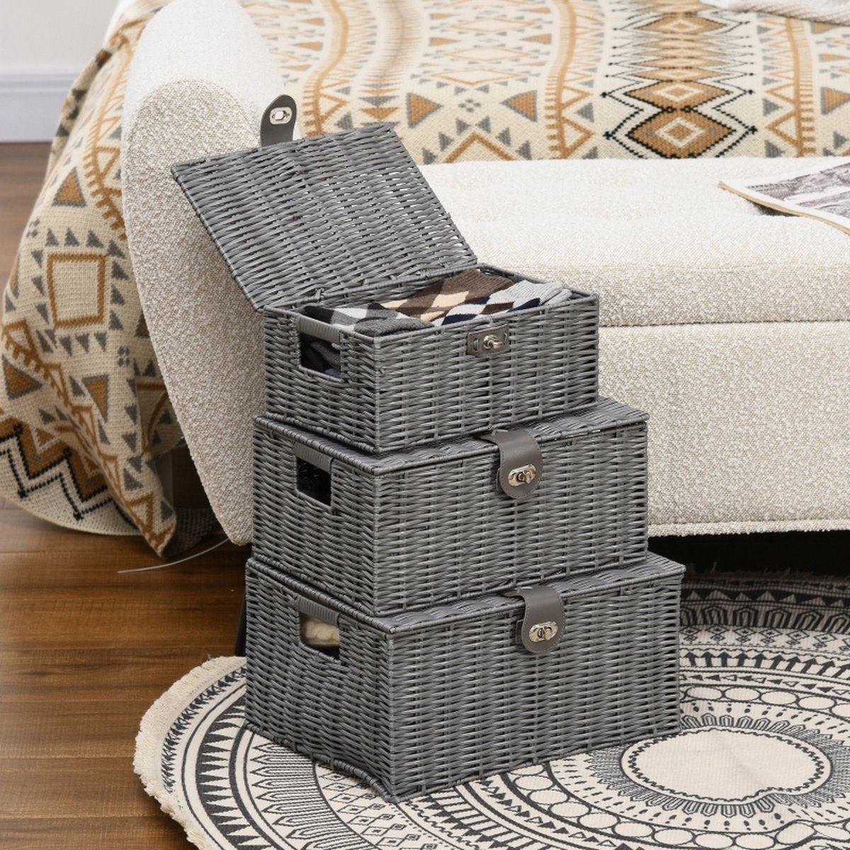 Storage basket with lid - Storage box - Storage baskets - Storage bins - Grey - 35.5 cm x 28.5 cm x 18 cm