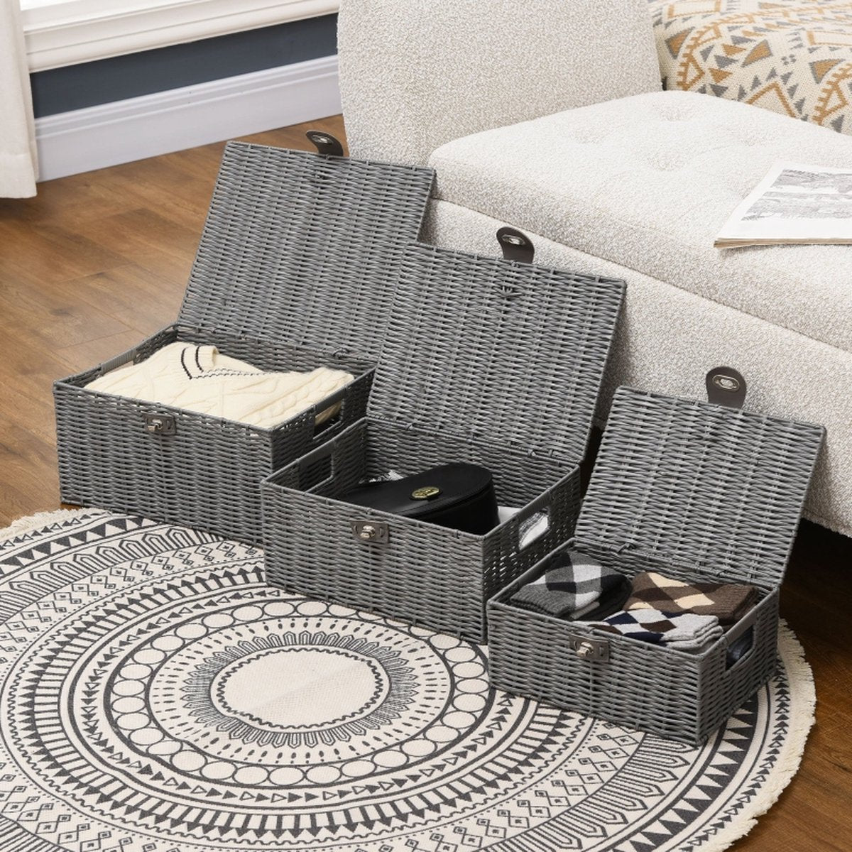 Storage basket with lid - Storage box - Storage baskets - Storage bins - Grey - 35.5 cm x 28.5 cm x 18 cm