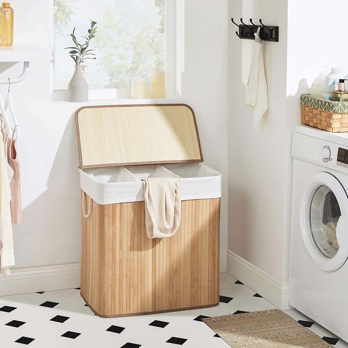 Wasmand, Wasmand Met Deksel, Wassorteerder Van Bamboe, Met Handgrepen, 3 Vakken, Opvouwbaar, Katoen, Waszak In De Machine Wasbaar, Natuurlijke Kleuren