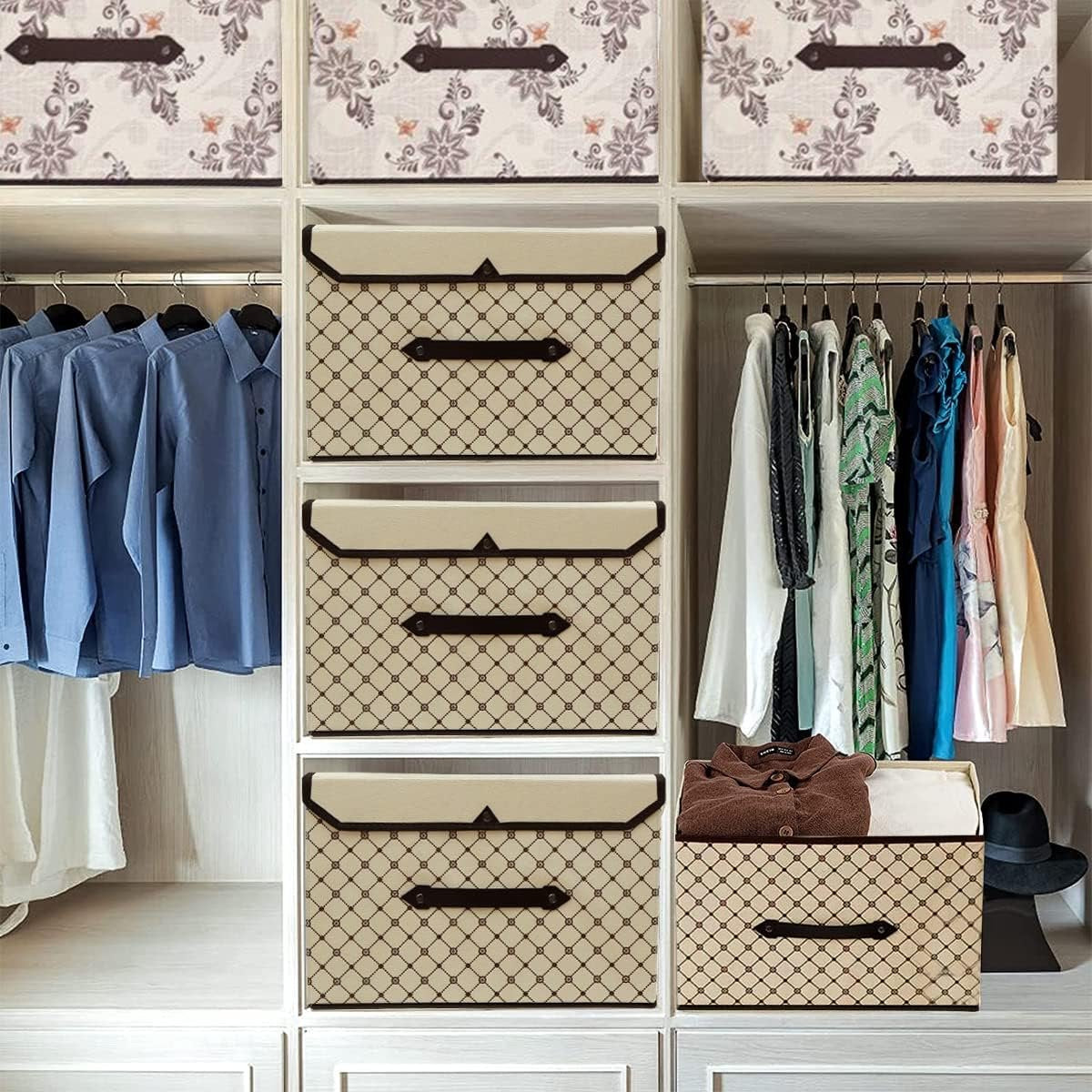 Storage box with lid, fabric, 4 pieces, foldable storage boxes for wardrobe, clothes, toys, books, cosmetics (beige plaid)