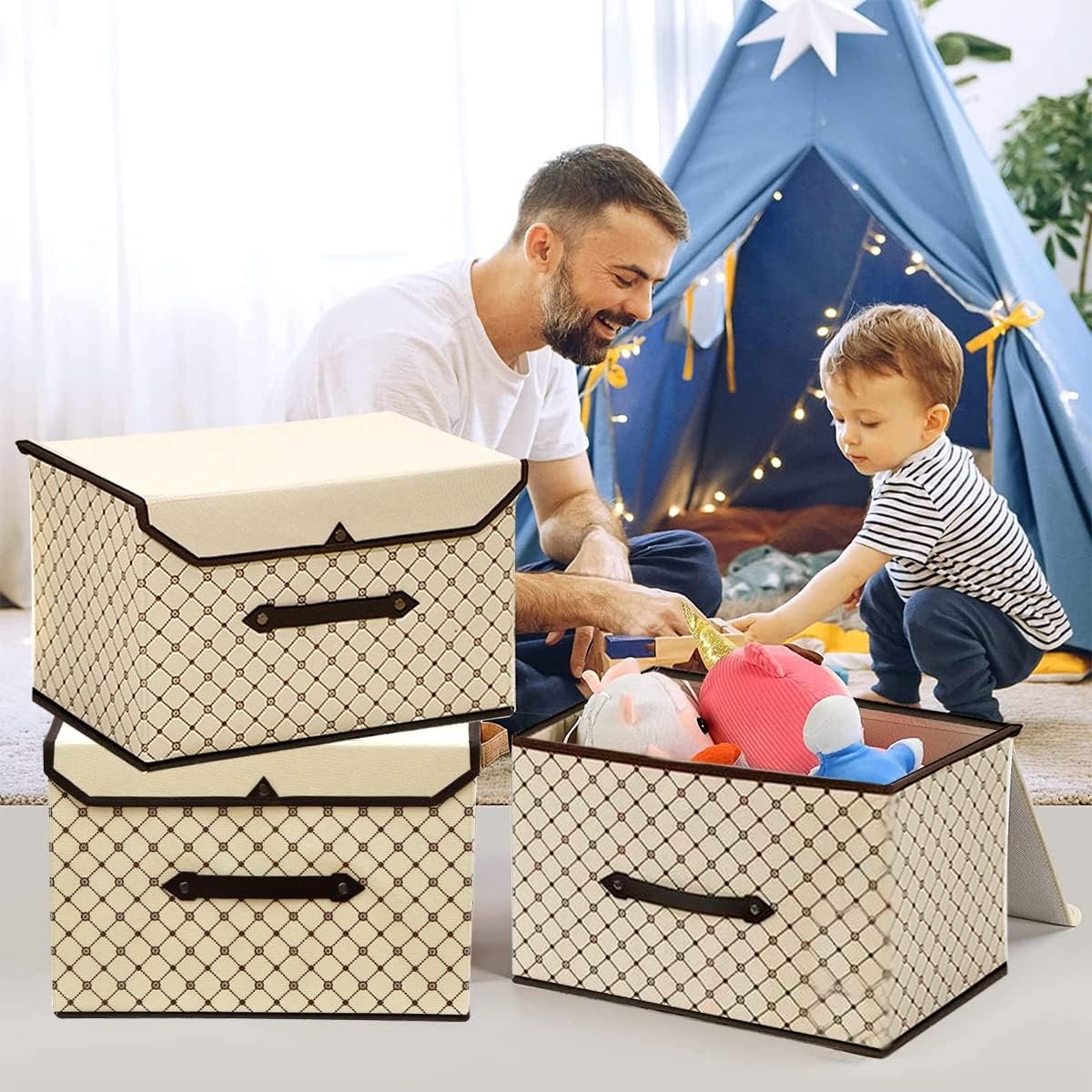Storage box with lid, fabric, 4 pieces, foldable storage boxes for wardrobe, clothes, toys, books, cosmetics (beige plaid)