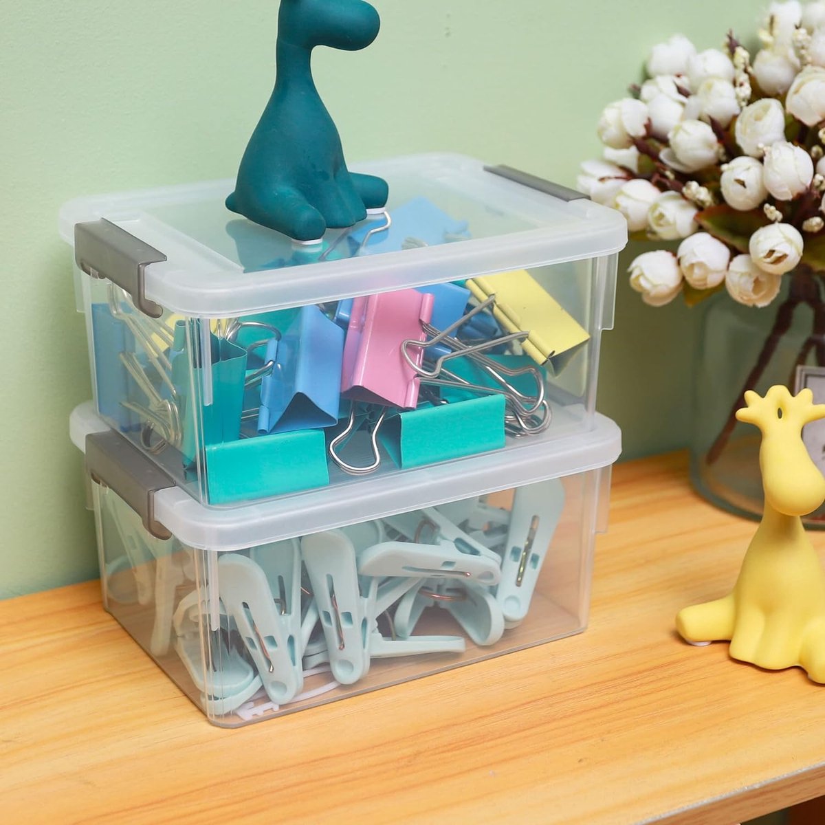 Set of 10 Storage Boxes 1.25 Litre - With Lid - Small - Stackable - Clear Handle - Clips - Small Parts - Crate - Elastic - Robust Plastic Boxes for Lego and Craft Supplies