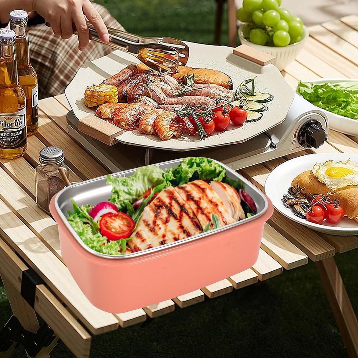 Roestvrijstalen broodtrommel, lekvrij, lunchbox 800 ml, met een lepel, clips sluiting, robuuste bento box, voor werk, picknick, voor volwassenen en kinderen, oranje