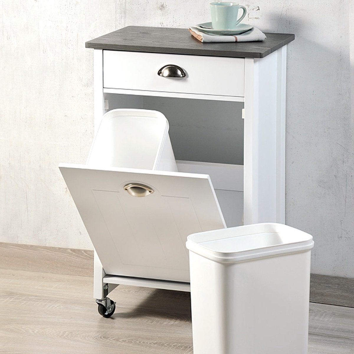 Waste separation bin 2 bins with drawer and top - 37x50x79 cm - White