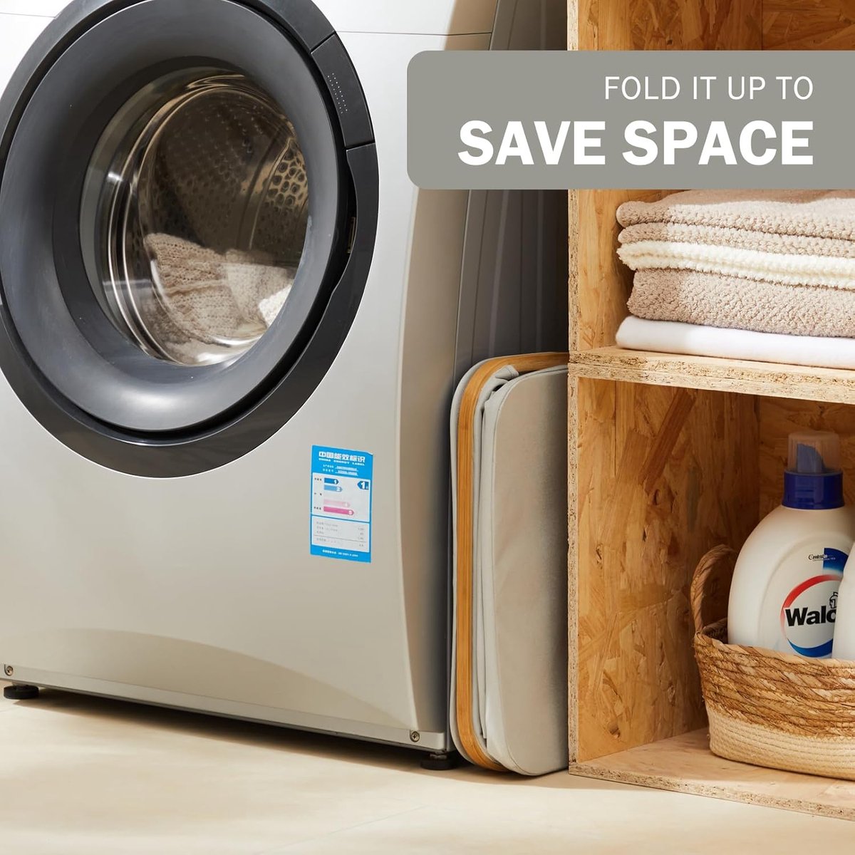 Wasmand met deksel - 48 liter - wasverzamelaar - smal - waszak - opvouwbare wasmand - hout - bamboe - hoge wasmand - grijs Wasmand 2.0