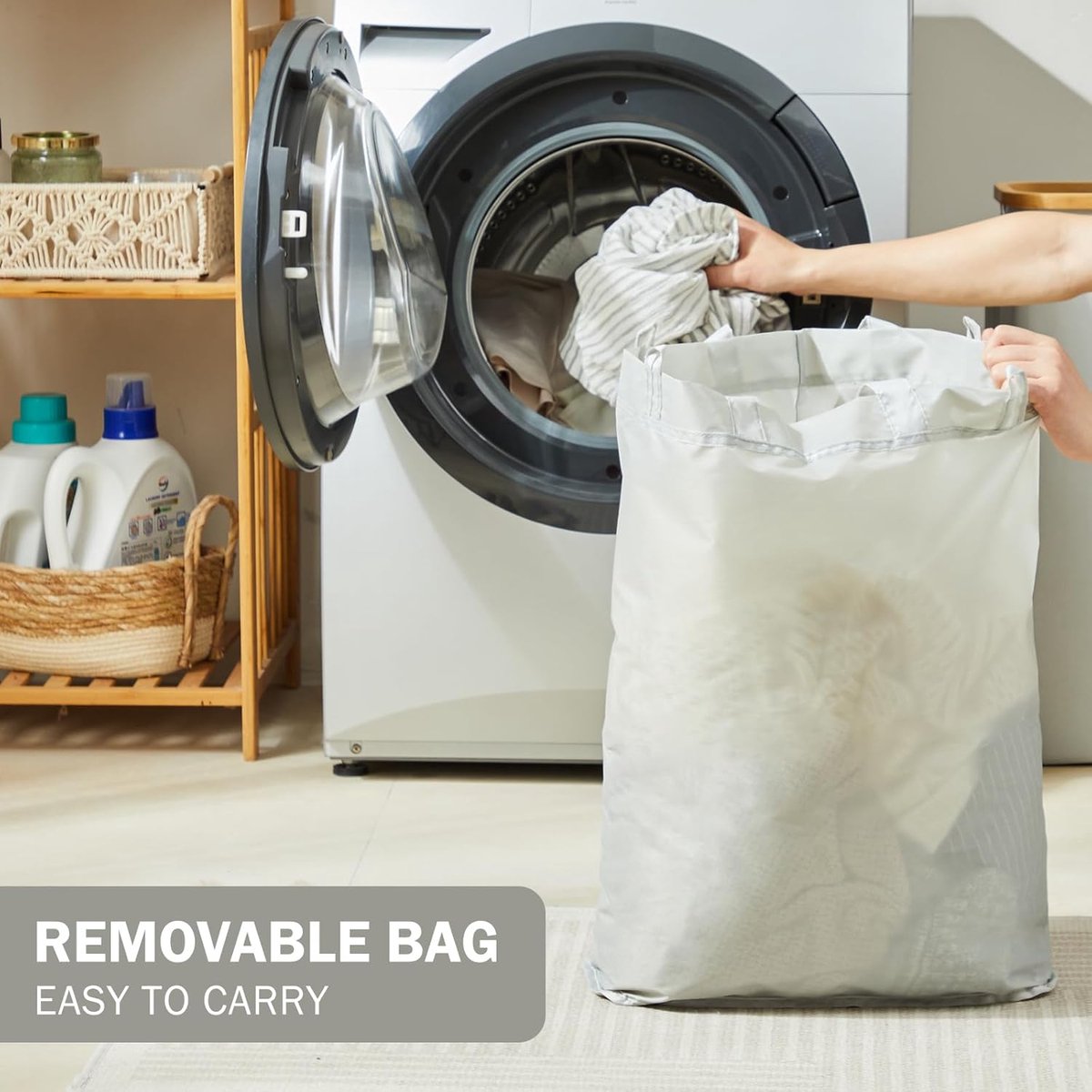 Wasmand met deksel - 48 liter - wasverzamelaar - smal - waszak - opvouwbare wasmand - hout - bamboe - hoge wasmand - grijs Wasmand 2.0