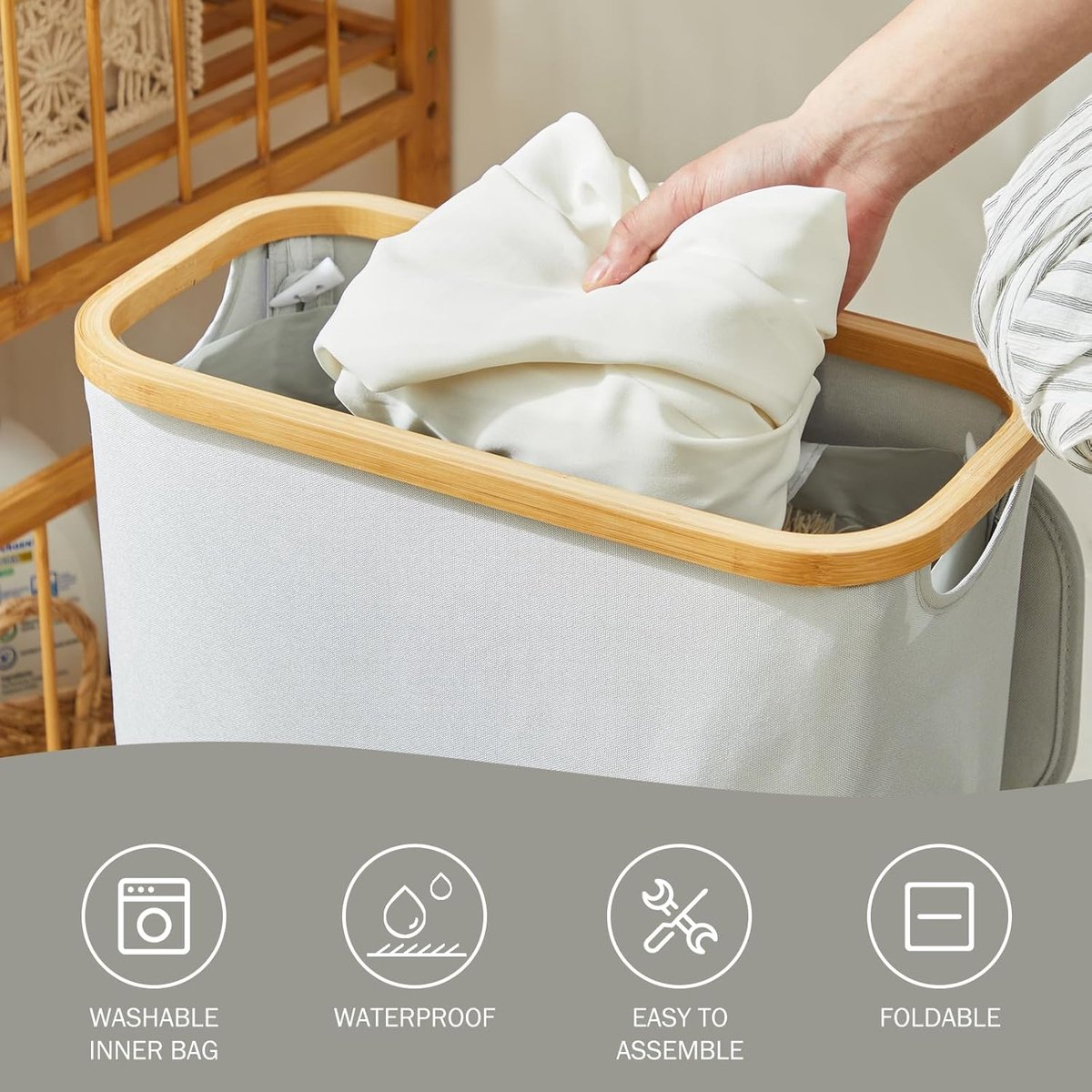 Wasmand met deksel - 48 liter - wasverzamelaar - smal - waszak - opvouwbare wasmand - hout - bamboe - hoge wasmand - grijs Wasmand 2.0