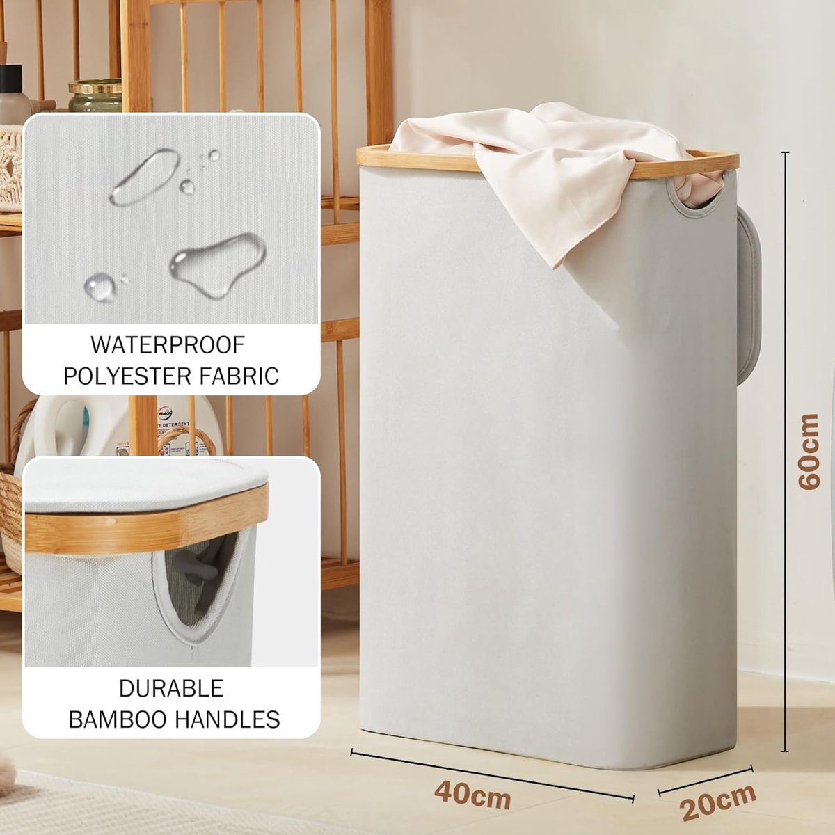 Wasmand met deksel - 48 liter - wasverzamelaar - smal - waszak - opvouwbare wasmand - hout - bamboe - hoge wasmand - grijs Wasmand 2.0