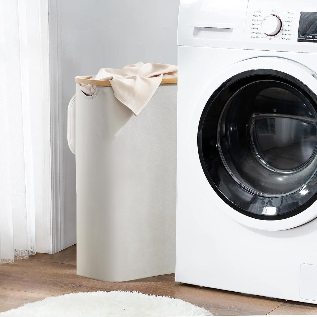 Wasmand met deksel - 48 liter - wasverzamelaar - smal - waszak - opvouwbare wasmand - hout - bamboe - hoge wasmand - grijs Wasmand 2.0