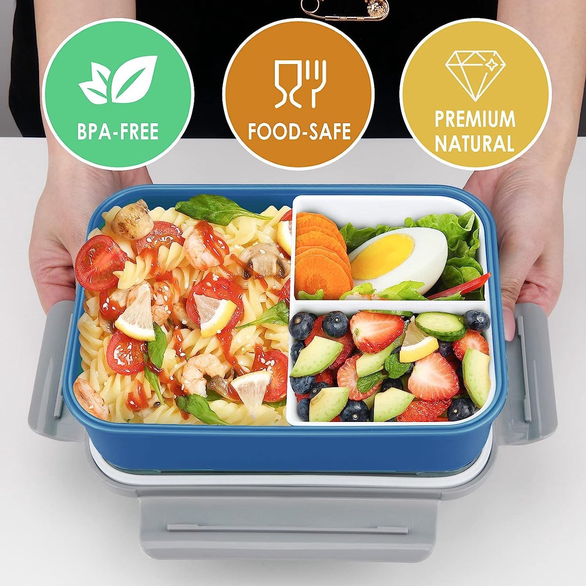 Broodtrommel met vakken, 1500 ml, lunchbox voor volwassenen/kinderen, snackdoos met bestek en klein blikje, lekvrije broodtrommel met onderverdeling, bentobox voor school, werk, picknick, reizen (blauw)