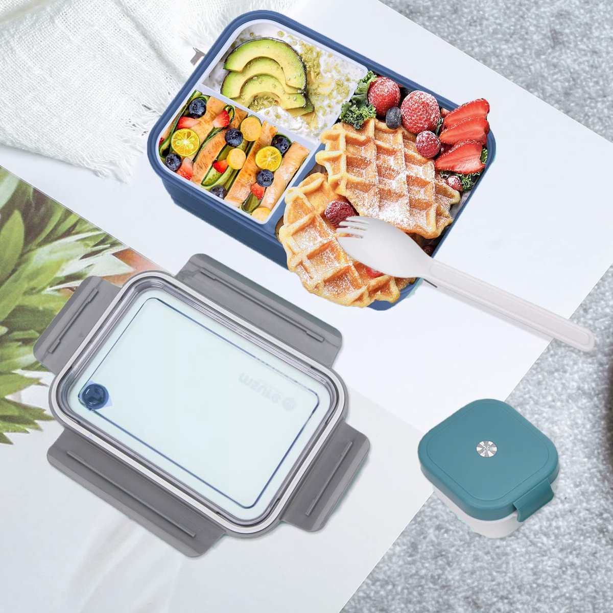 Broodtrommel met vakken, 1500 ml, lunchbox voor volwassenen/kinderen, snackdoos met bestek en klein blikje, lekvrije broodtrommel met onderverdeling, bentobox voor school, werk, picknick, reizen (blauw)