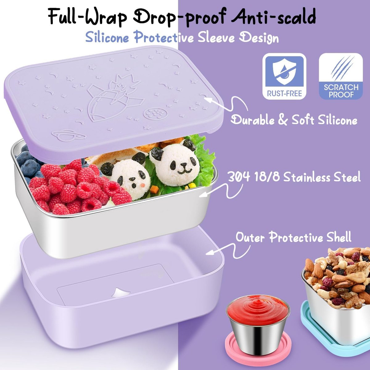 3-delige roestvrijstalen Bento Box lunchboxset, 850 ml, lekvrij, broodtrommel voor volwassenen met siliconen deksel en beschermhoes, kleine metalen broodtrommel, lunchboxen, sausbeker,