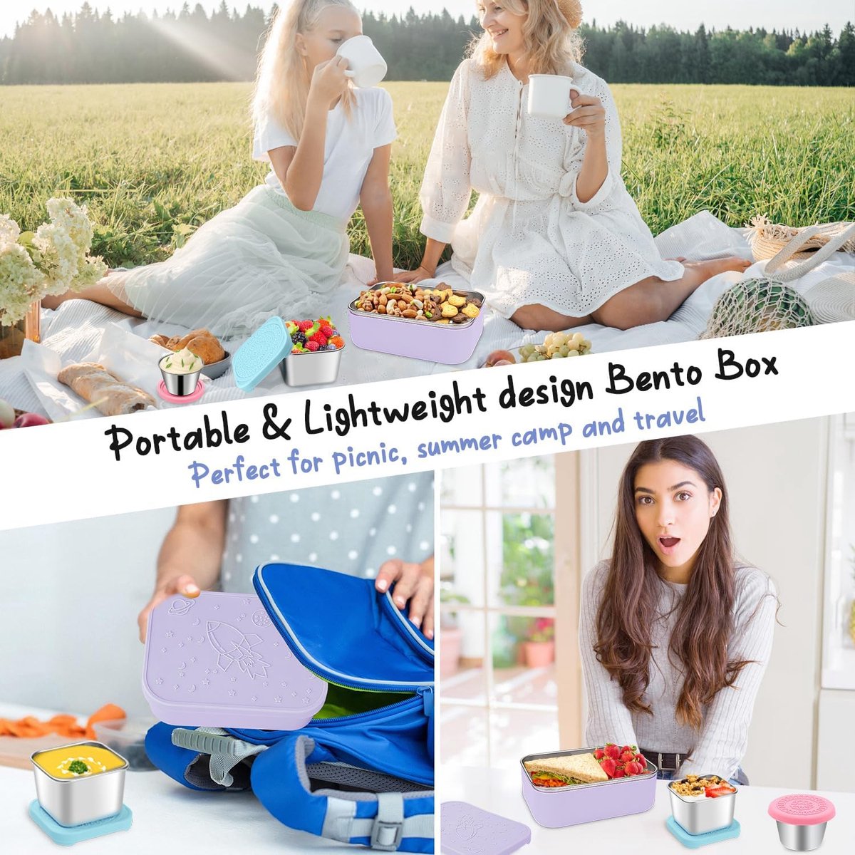 3-delige roestvrijstalen Bento Box lunchboxset, 850 ml, lekvrij, broodtrommel voor volwassenen met siliconen deksel en beschermhoes, kleine metalen broodtrommel, lunchboxen, sausbeker,