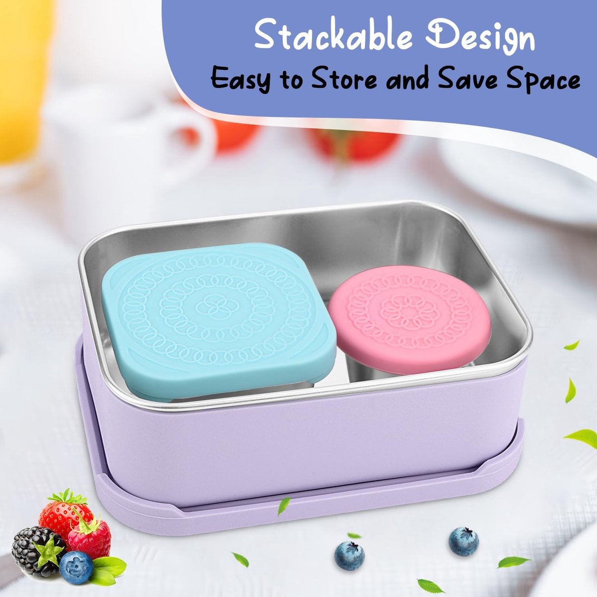 3-delige roestvrijstalen Bento Box lunchboxset, 850 ml, lekvrij, broodtrommel voor volwassenen met siliconen deksel en beschermhoes, kleine metalen broodtrommel, lunchboxen, sausbeker,