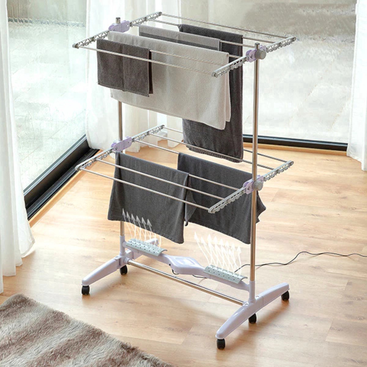 Electric Drying Rack with Heating - Heated Clothes Rack Energy Efficient - Foldable Drying Tower with Wheels - Laundry Tower