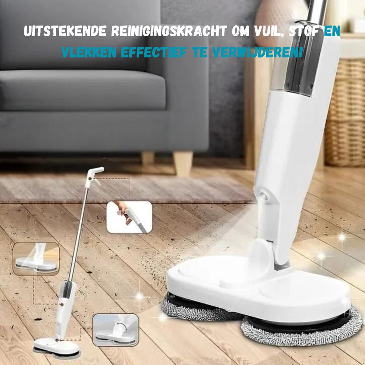 Electric Mop - Spray Mop - Mopping System - Mop Set including Mop Cloths - Mops & Floor Wipers - Mop Handle - White