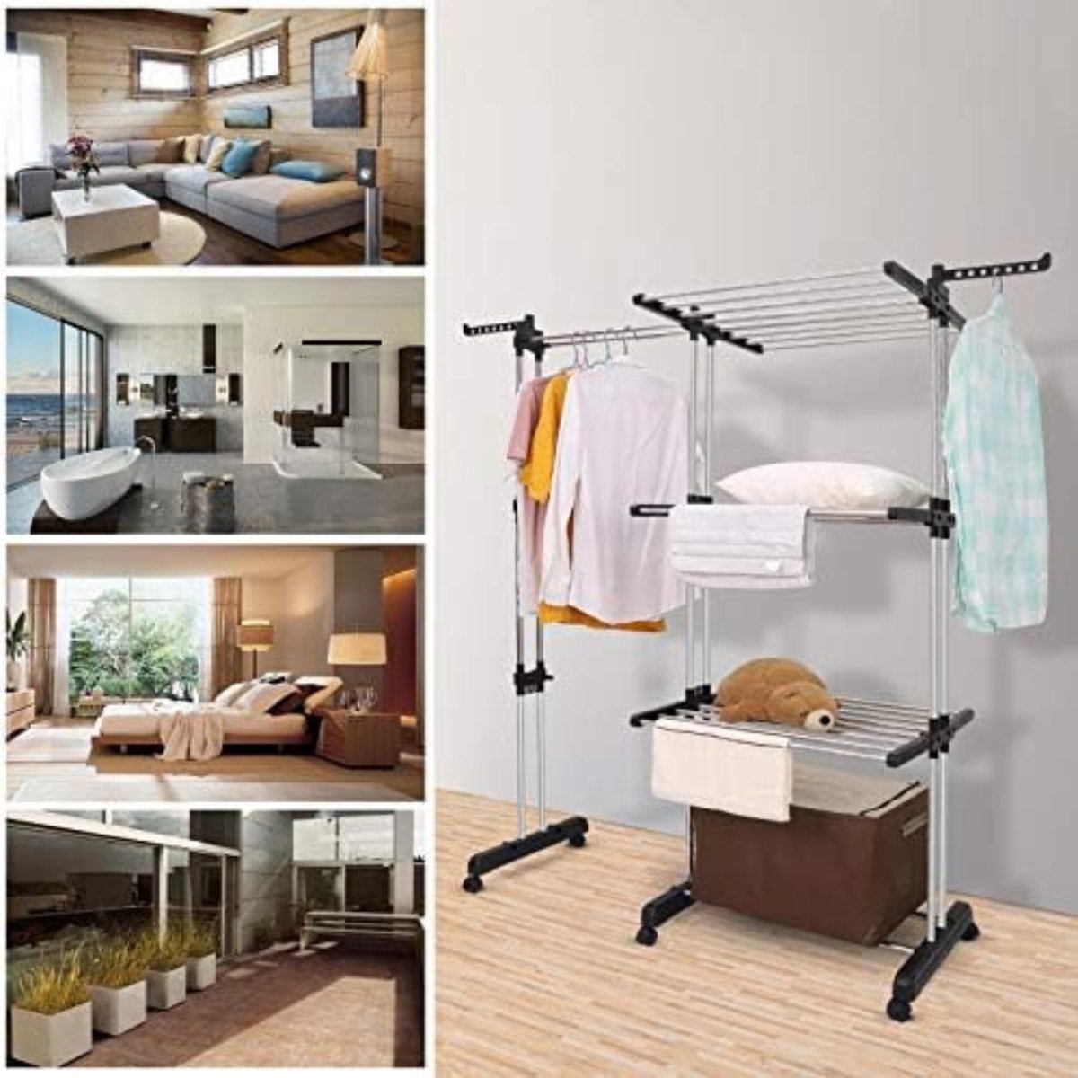 Folding Clothes Rack on Wheels - Standing Clothes Rack - Drying Tower with Wheels - Drying Rack on Wheels - Clothes Rack on Wheels