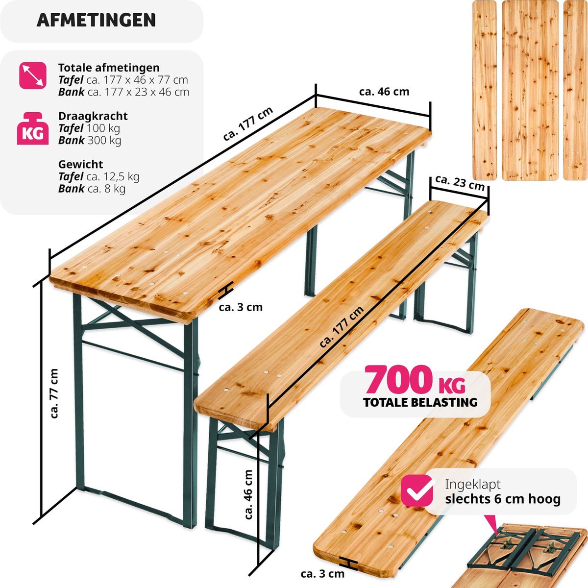 tectakeÂ® - Biertafel met 2 banken - 3-delig - Stalen frames met dennenhout - Opvouwbaar - Lengte 177cm