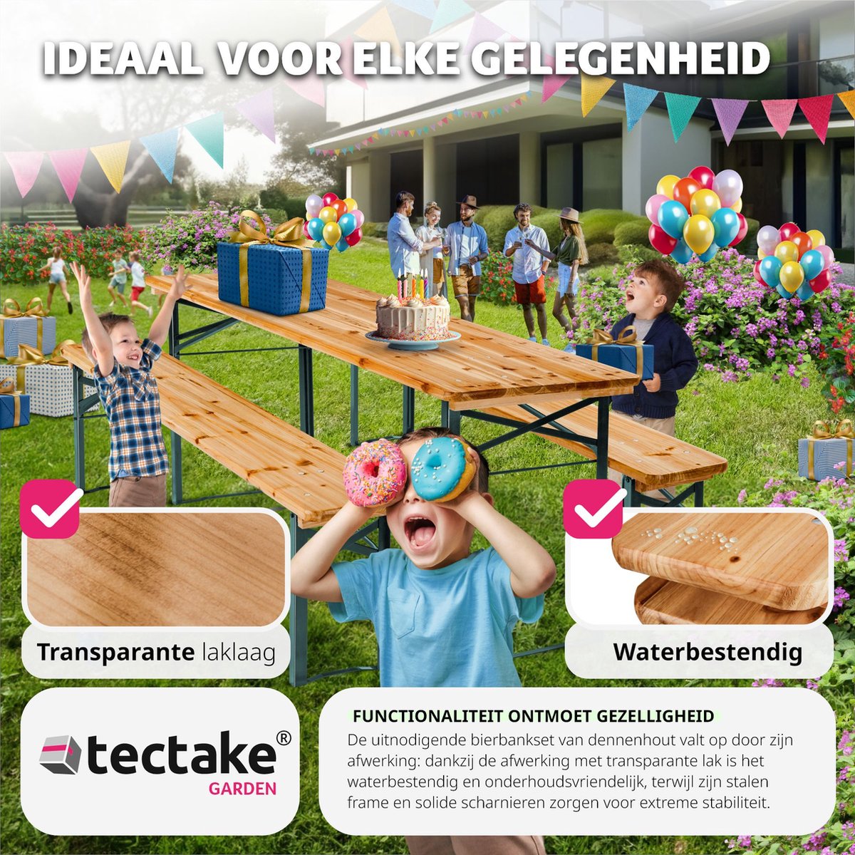 tectakeÂ® - Biertafel met 2 banken - 3-delig - Stalen frames met dennenhout - Opvouwbaar - Lengte 177cm