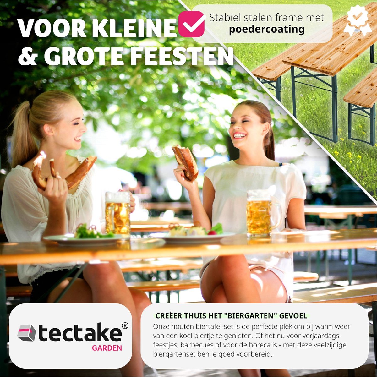 tectakeÂ® - Biertafel met 2 banken - 3-delig - Stalen frames met dennenhout - Opvouwbaar - Lengte 177cm
