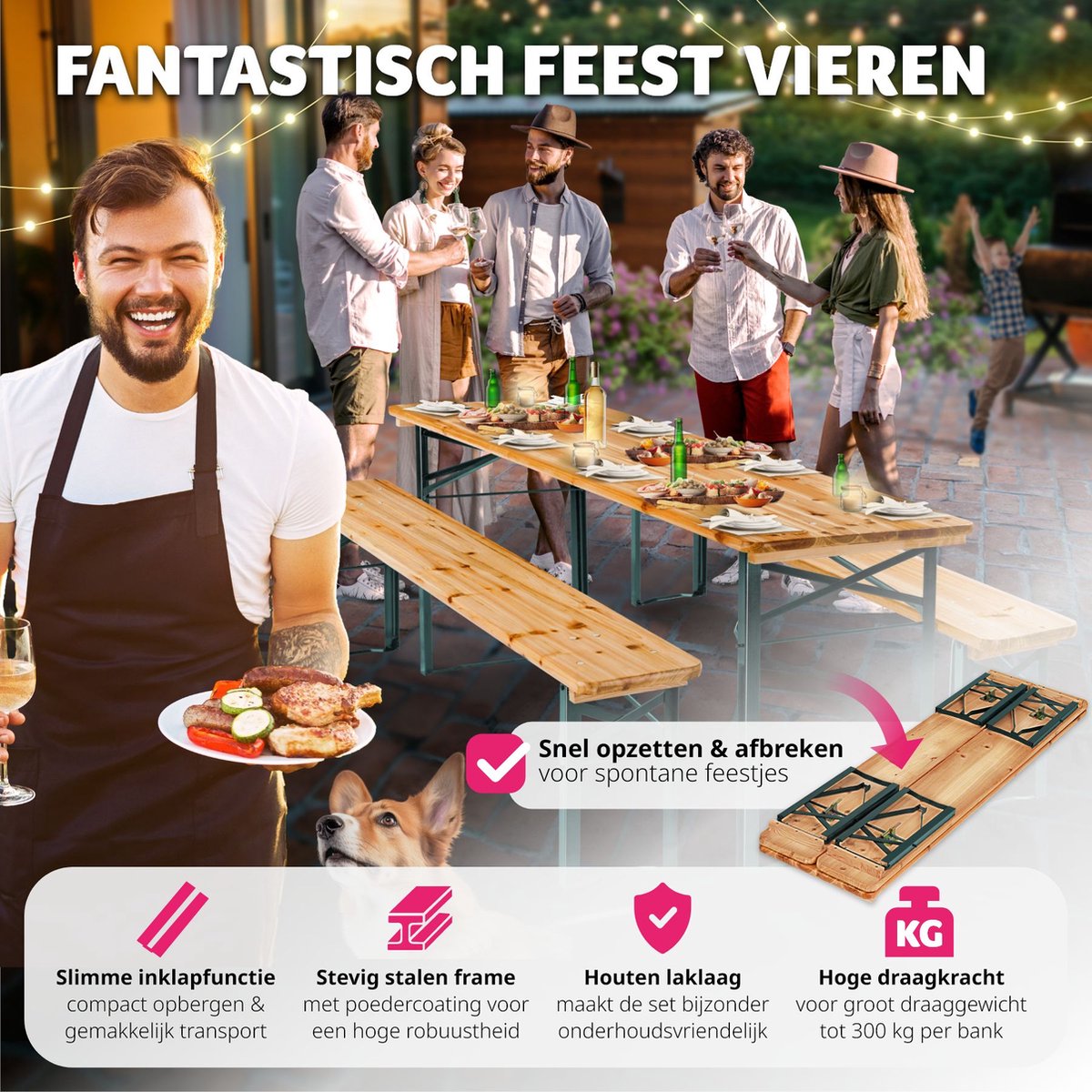 tectakeÂ® - Biertafel met 2 banken - 3-delig - Stalen frames met dennenhout - Opvouwbaar - Lengte 177cm