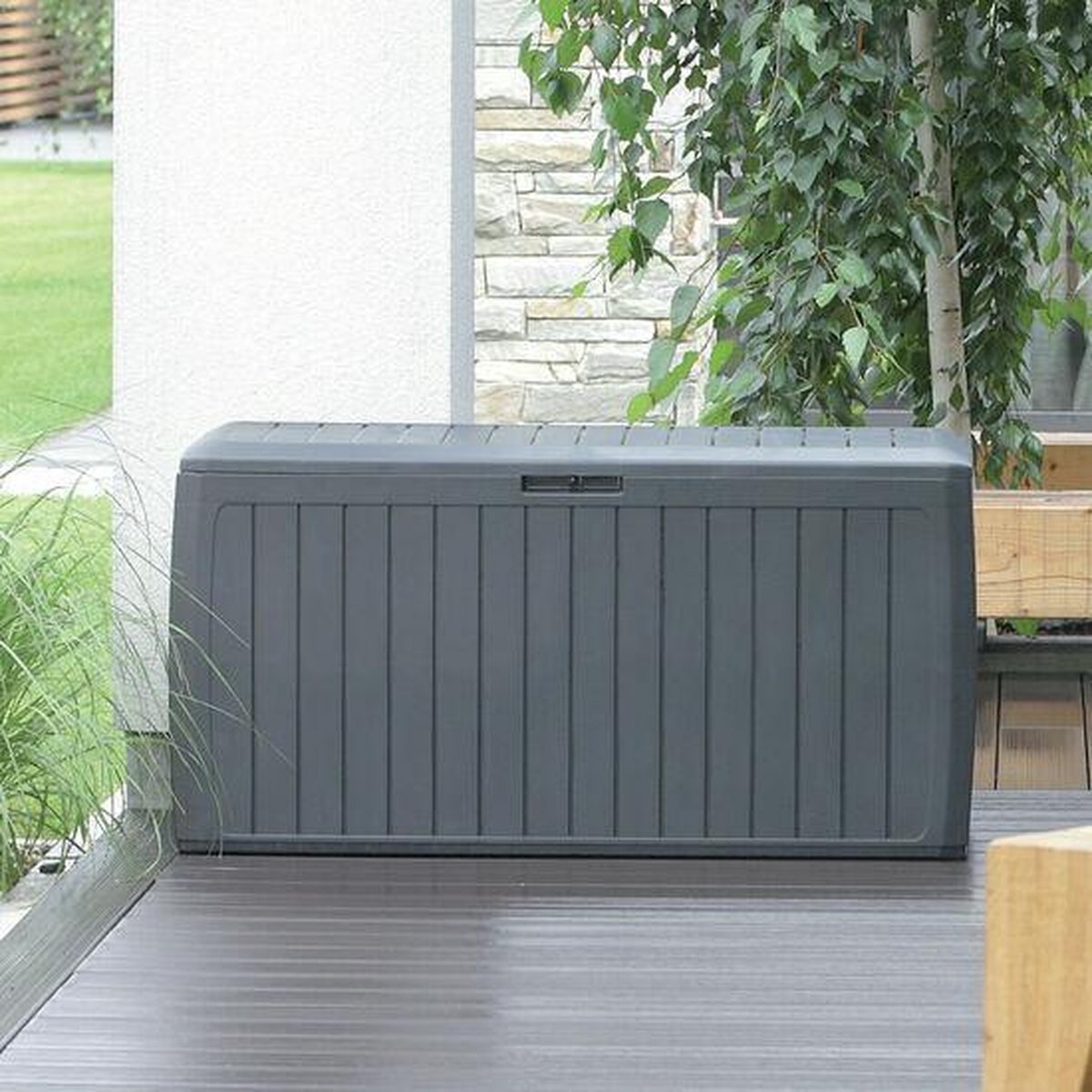 Prosperplast Kussenbox - houtlook - 280 liter - 116 x 43,8 x 55 cm - kussen opbergbox