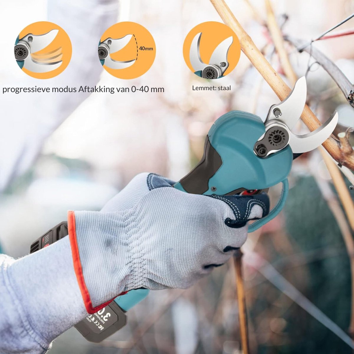 Electric Pruning Shears – Hedge Trimmer – Branch Cutter – Garden Tools – Cordless – Power – Ergonomic – Flexible – Including Battery With Charger – Blue – 3000 MAh
