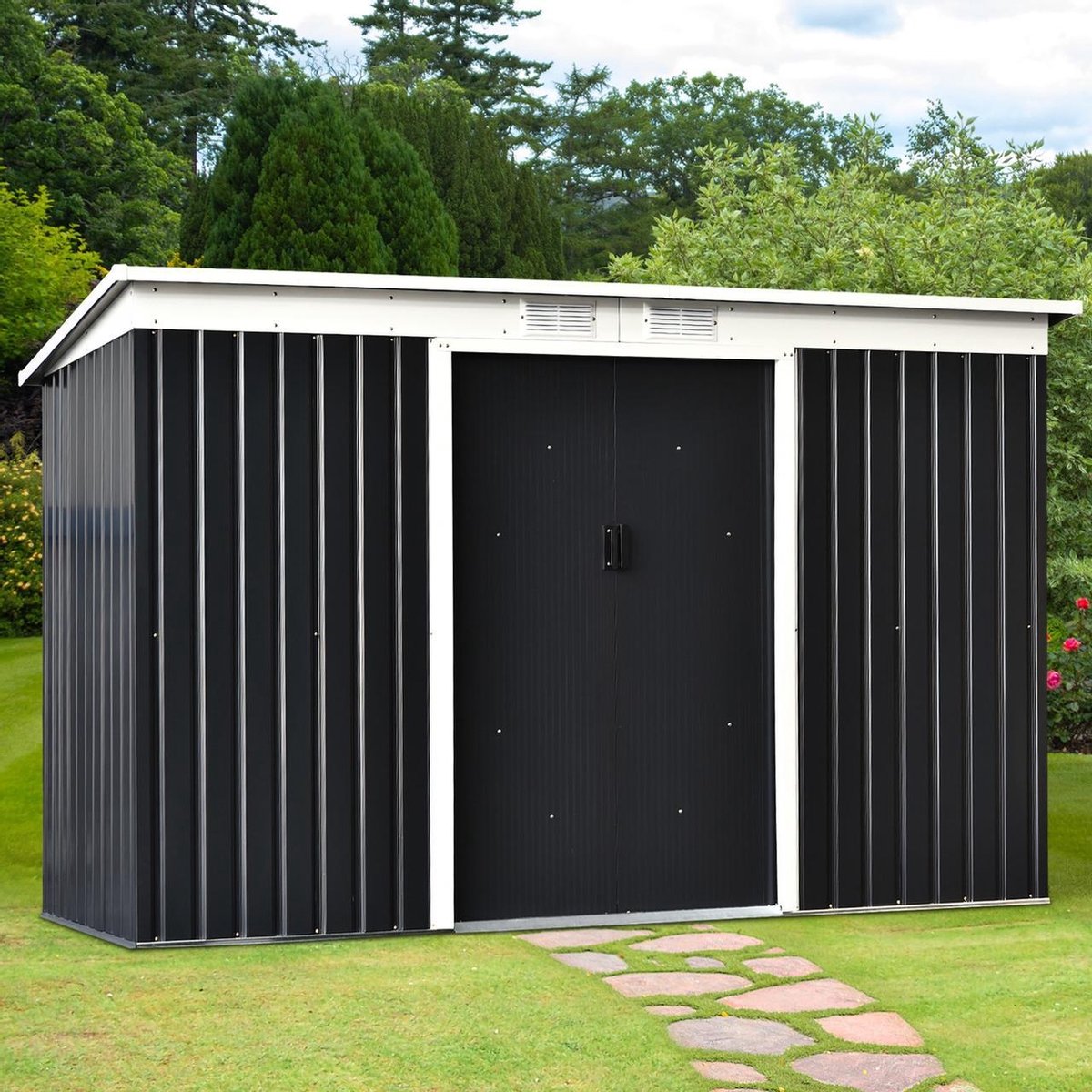 Tuinhuis metaal - Metalen gereedschapsschuur - Tuinberging - Opbergkast met deuren - Schuur gereedschap - Tuinkast - 277 x 130 x 173 cm