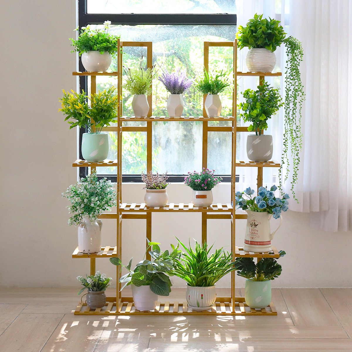 Plantendisplayrek - Wandrek - Voor Planten - Champagnevorm - Ladderrek - 9 Planken - 9 Lagen - Plantenrek - Bamboe - Binnen/buiten