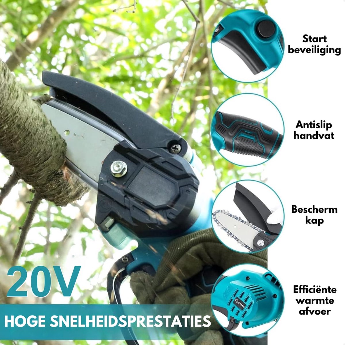 Mini chainsaw 20V Includes 2 Batteries - Electric Hand Chainsaw - Pruning Saw - Branch Saw - Tree Saw - Chainsaw