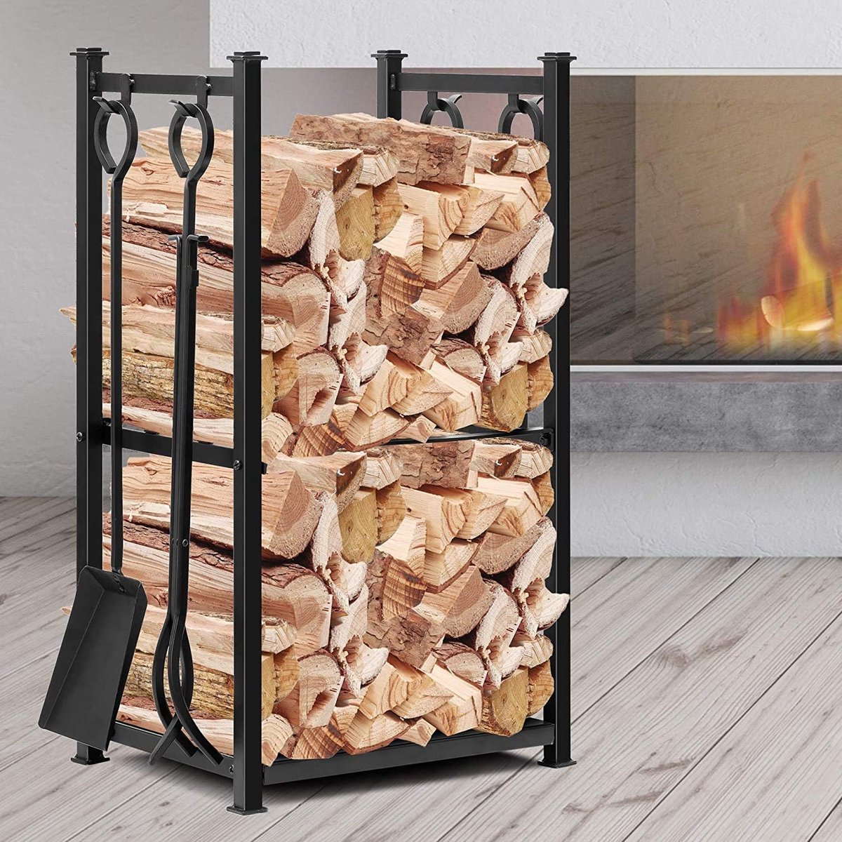 Log Rack with 4 Fireplace Tools, 72 x 46 x 30 cm, for Indoor Use, Firewood Stand, for Outdoor Use, Wood Rack, 2 Shelves, Wrought Iron, Firewood Rack