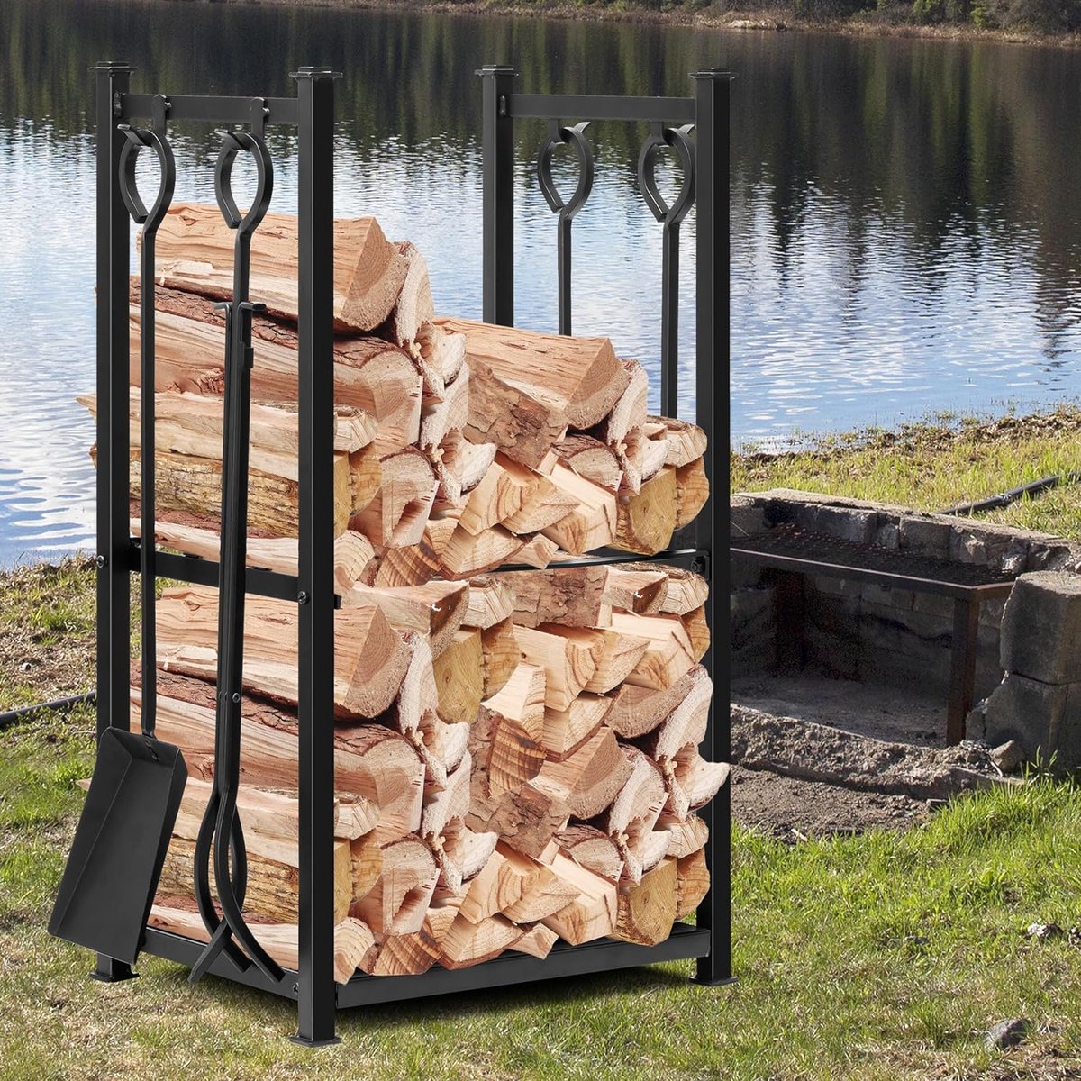 Log Rack with 4 Fireplace Tools, 72 x 46 x 30 cm, for Indoor Use, Firewood Stand, for Outdoor Use, Wood Rack, 2 Shelves, Wrought Iron, Firewood Rack