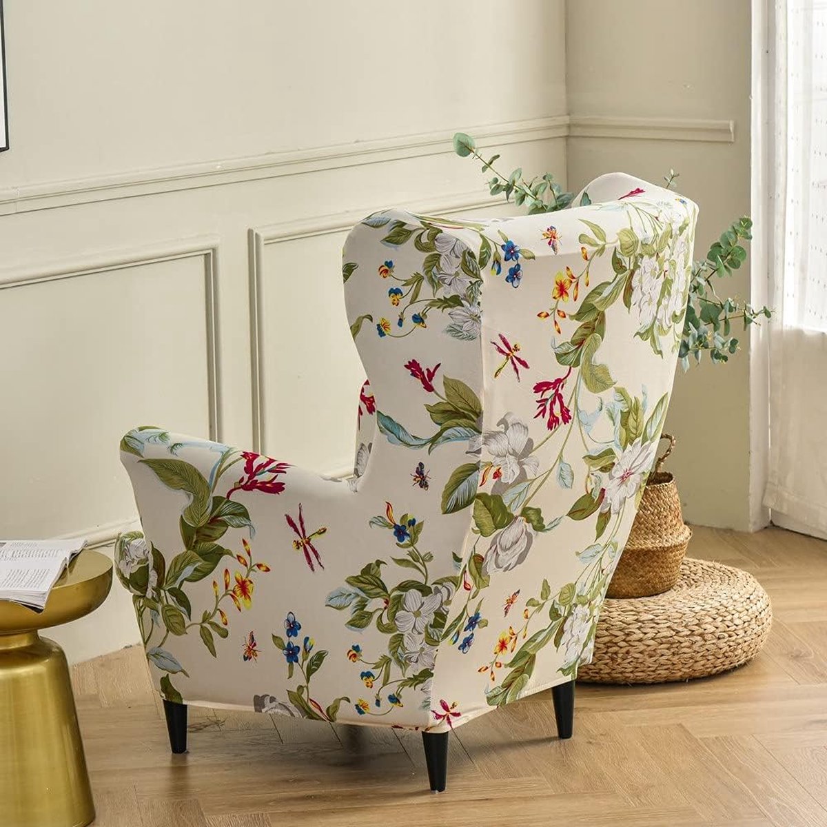 Fauteuilhoezen, 2-delige stretch vleugelstoelhoes, wasbare spandex stof. Bankhoes. Meubelbeschermer voor fauteuil stoelen voor woonkamer, slaapkamer of hotel (bloem en blad)