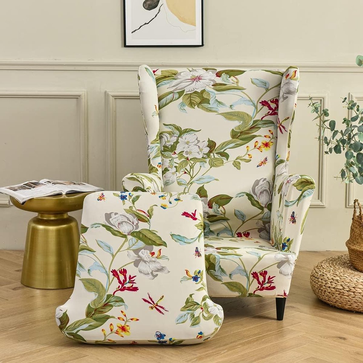 Fauteuilhoezen, 2-delige stretch vleugelstoelhoes, wasbare spandex stof. Bankhoes. Meubelbeschermer voor fauteuil stoelen voor woonkamer, slaapkamer of hotel (bloem en blad)