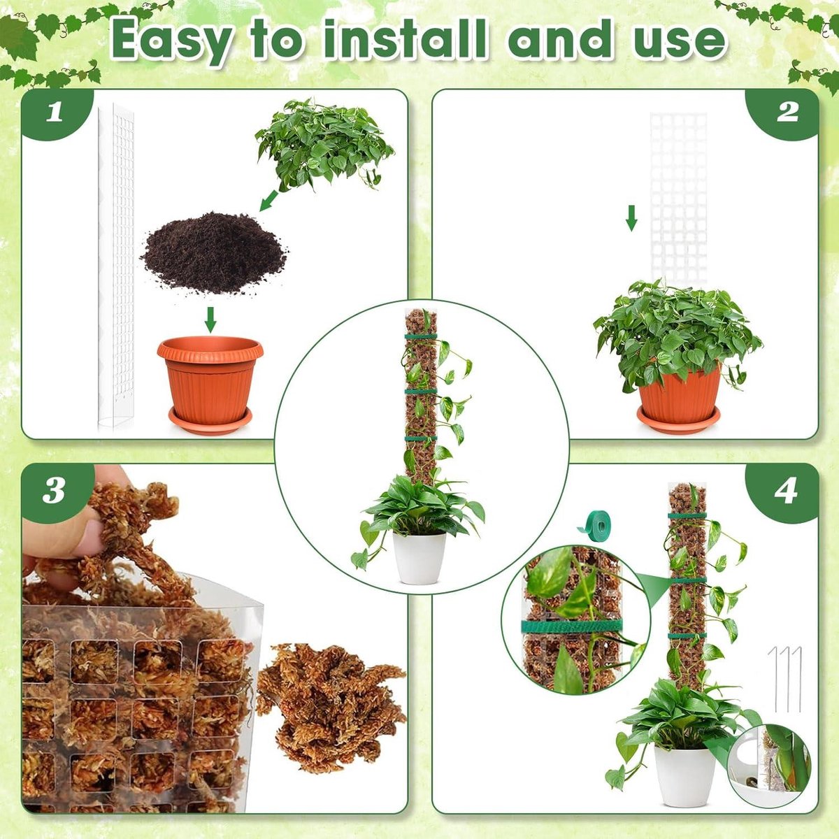 Climbing aid Monstera - 4 pieces - 61 cm - Moss stick plants - Moss sticks set - Houseplant moss pole - Plastic - DIY - White