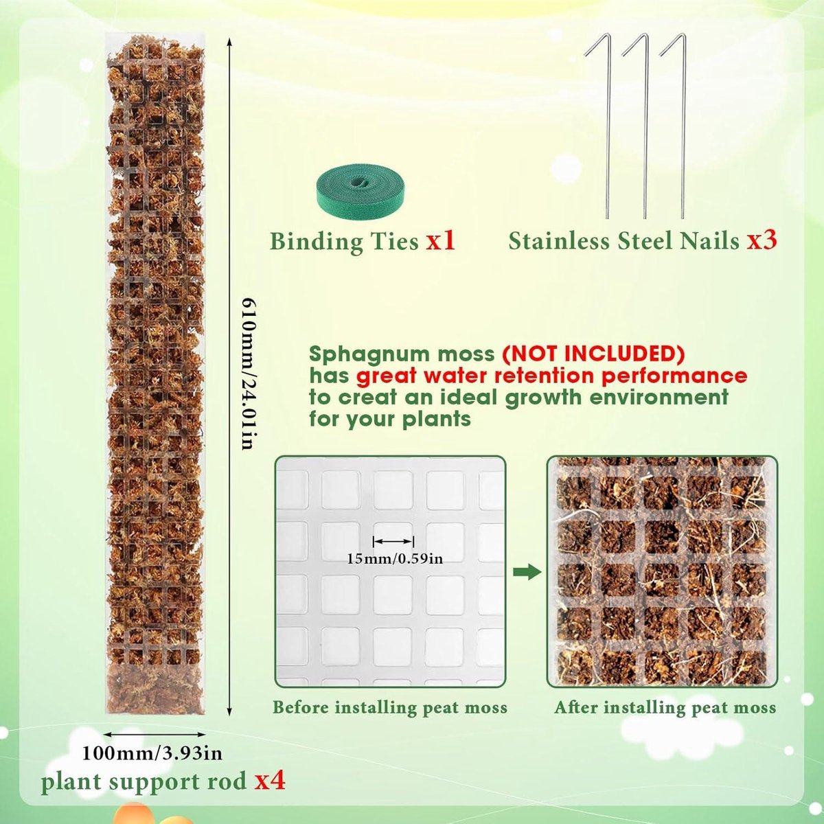 Climbing aid Monstera - 4 pieces - 61 cm - Moss stick plants - Moss sticks set - Houseplant moss pole - Plastic - DIY - White