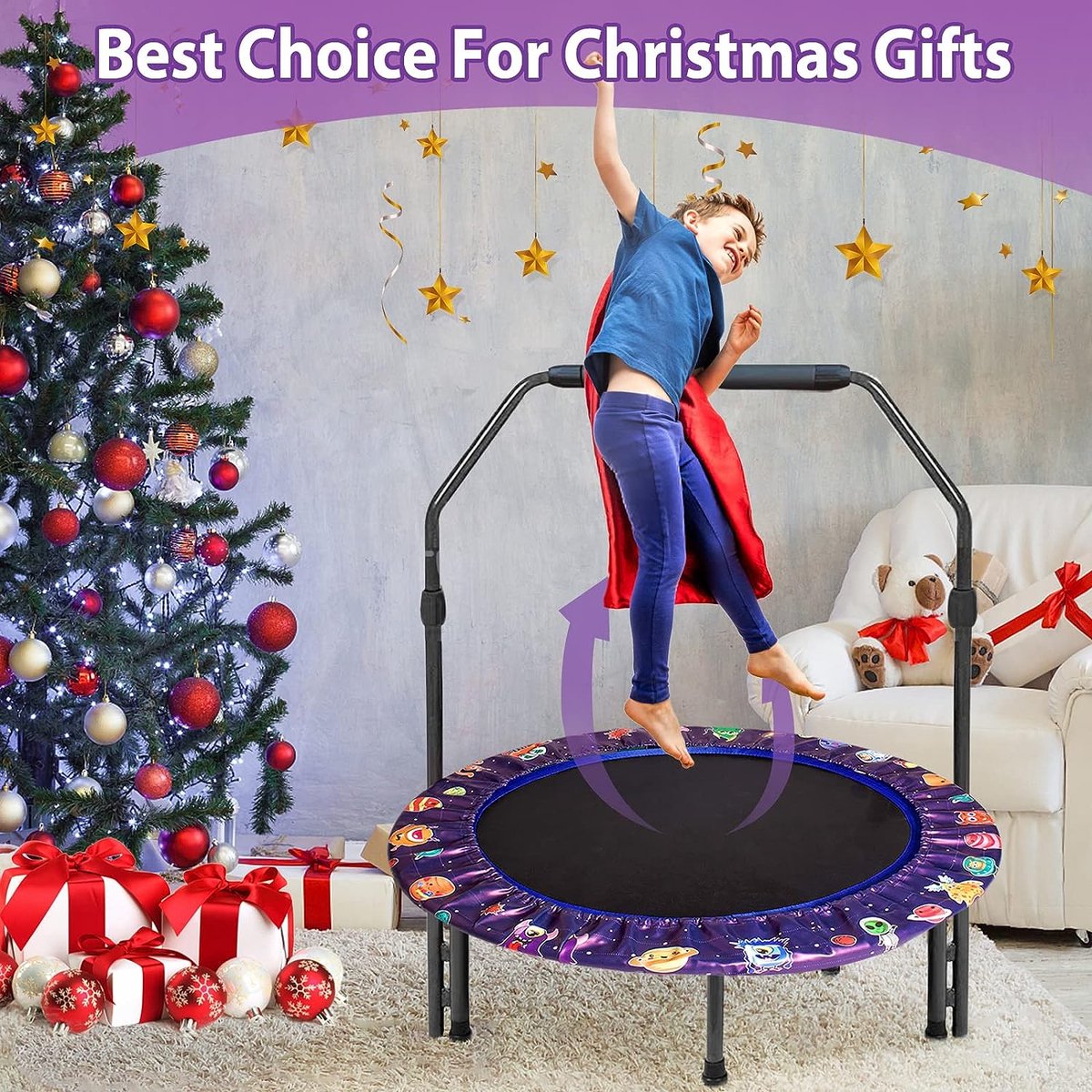 Mini-trampoline, diameter 92 cm, kindertrampoline met opvouwbare bungee-rebounder, springtrampoline met verstelbare handgreep en veiligheidskussen, binnen- en buitentrampoline voor jongens en meisjes van 2-4 jaar