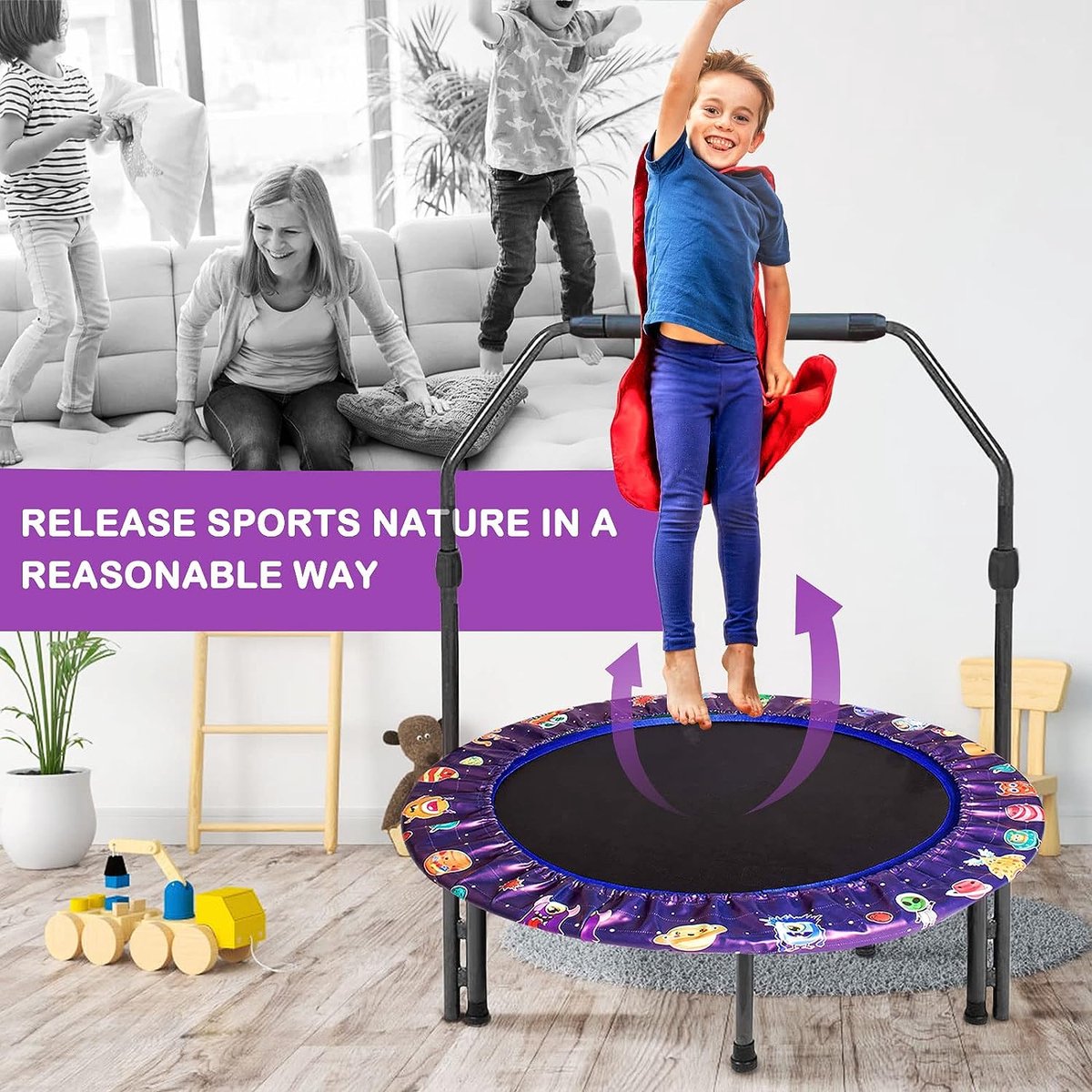 Mini-trampoline, diameter 92 cm, kindertrampoline met opvouwbare bungee-rebounder, springtrampoline met verstelbare handgreep en veiligheidskussen, binnen- en buitentrampoline voor jongens en meisjes van 2-4 jaar