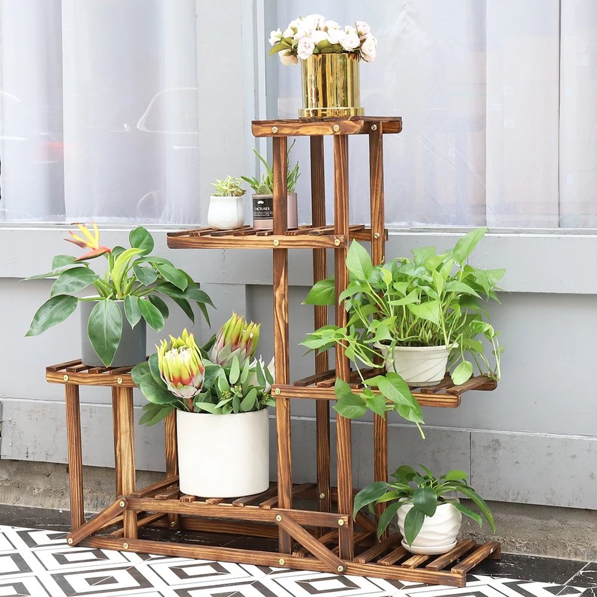 Plantentribune - 6-laags - Hout - Plant - Bloemen - Plantenrek voor binnen en buiten - 95cm x 96cm x 25 cm