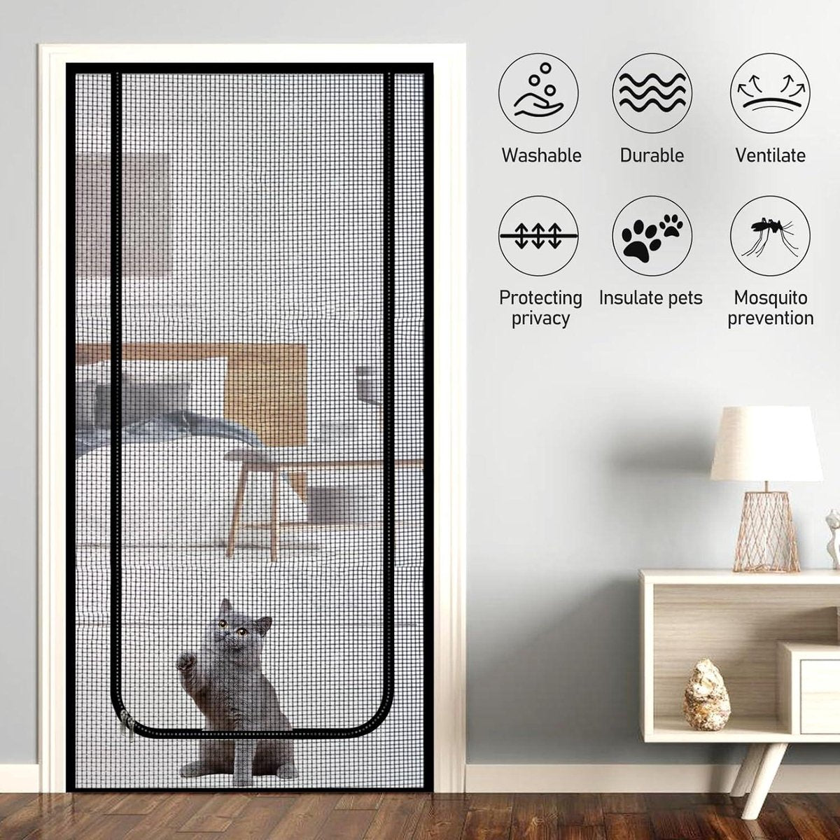Pet Cat Net For Balcony - Cat Screen Door With Zipper - Pet Safe Mesh Door - Cat Grille For Balcony Door - 90 x 210 cm Cat Net - Cat Net Balcony