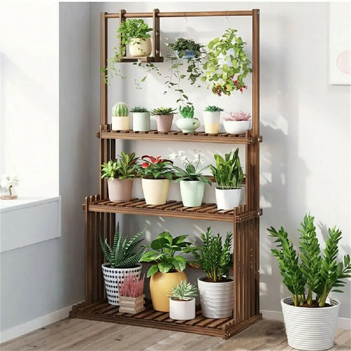 Gelaagde plantenstandaard - Plantenrek - Bloempotrek - Planten etagère - 3 laags - Hout - 145cm hoog
