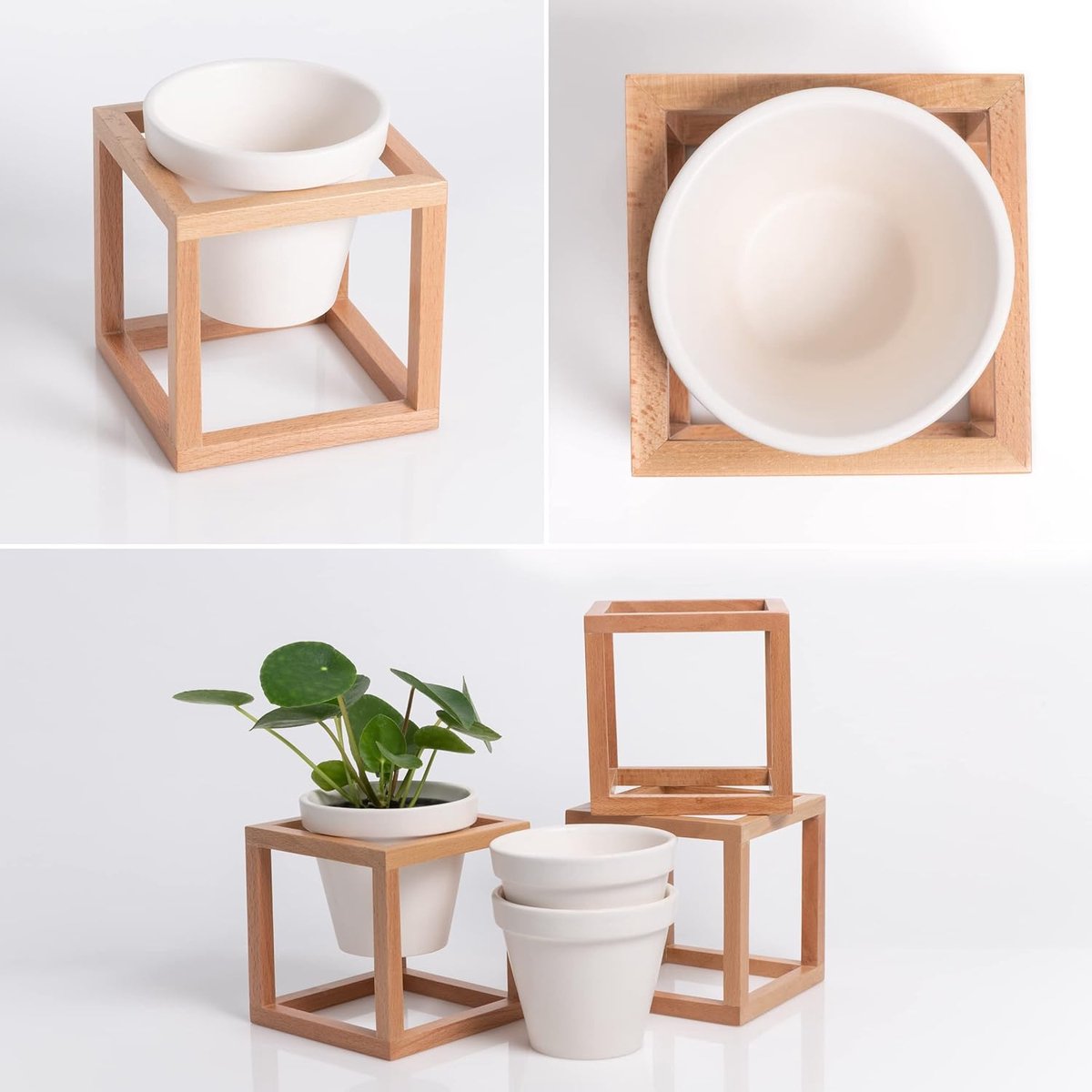Wall vases - for wallflowers, small wall plants, wall flower - Hanging flower pots in real wooden frame - 3-piece set of ceramic and wood - brown - Modern wall decoration for living room