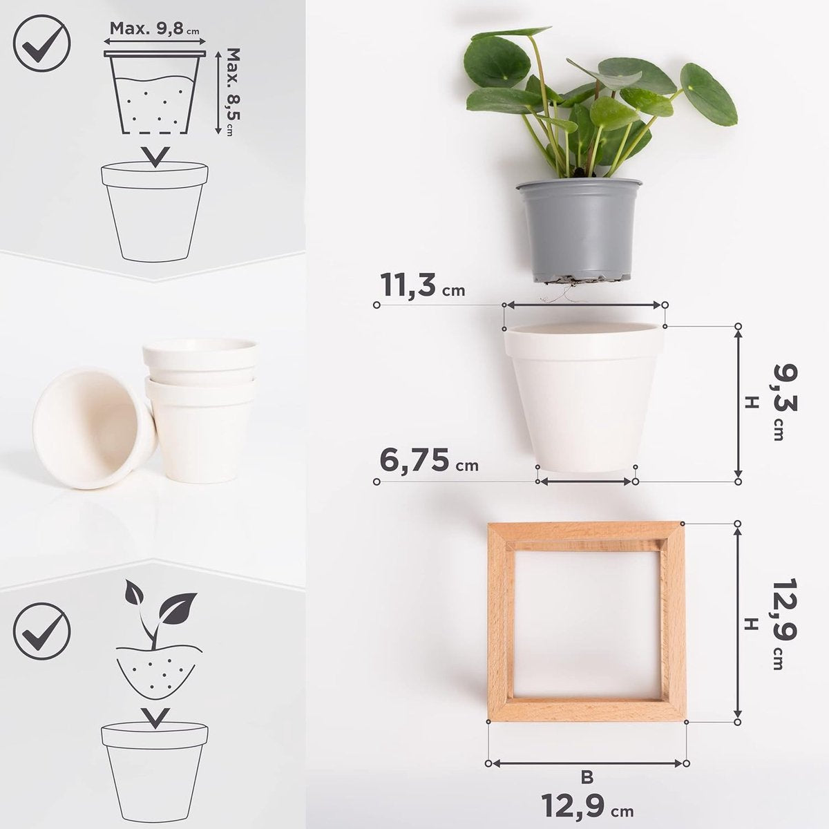 Wall vases - for wallflowers, small wall plants, wall flower - Hanging flower pots in real wooden frame - 3-piece set of ceramic and wood - brown - Modern wall decoration for living room