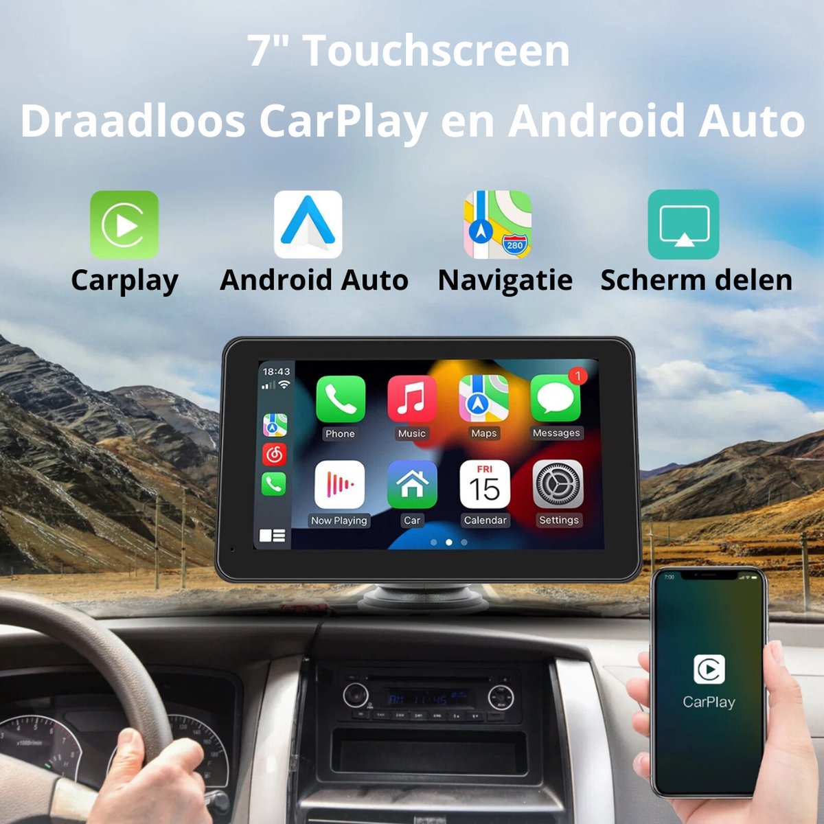 Android Auto Scherm - CarPlay Scherm - Universeel CarPlay Scherm - 7 inch HD Scherm - Bluetooth 5.0
