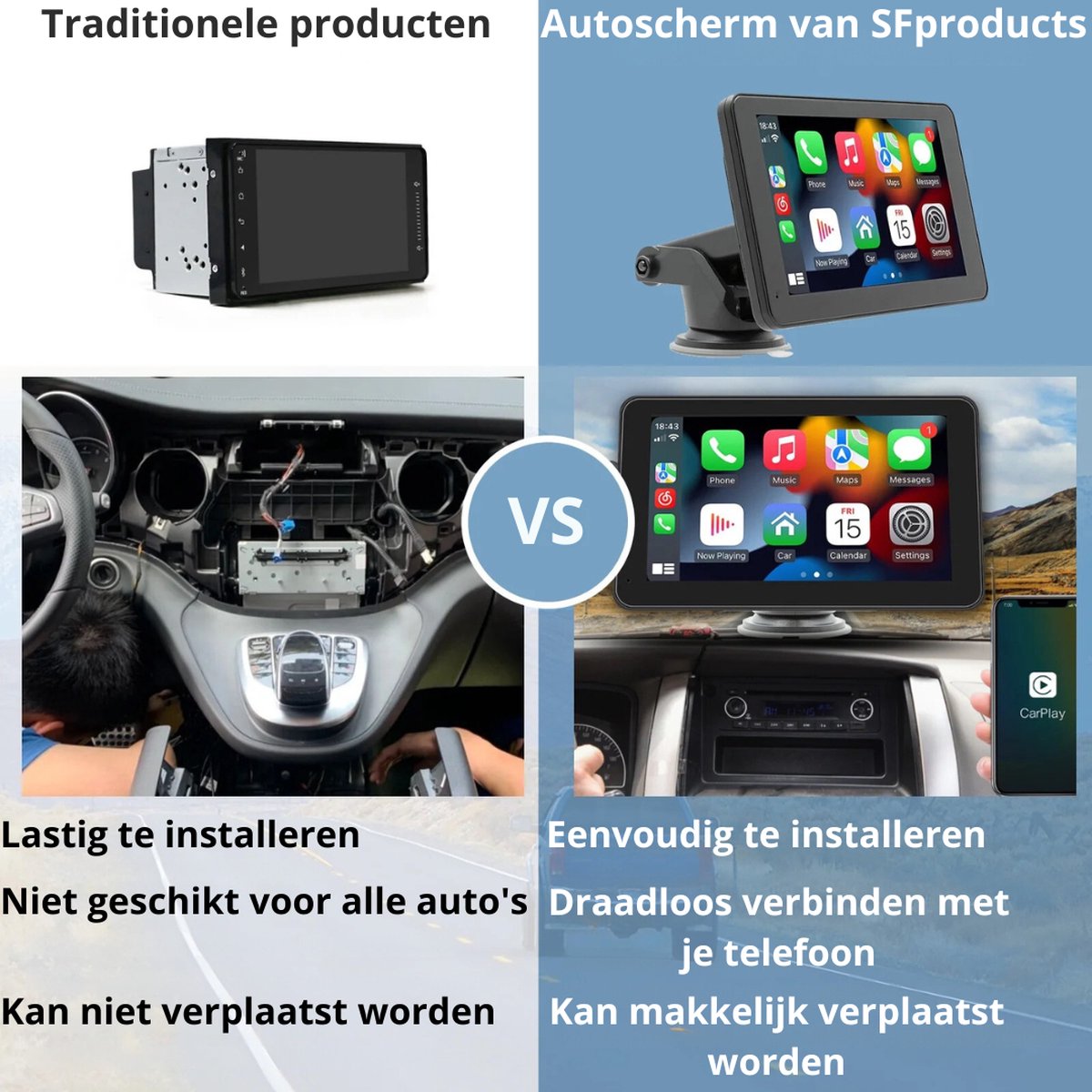 Android Auto Scherm - CarPlay Scherm - Universeel CarPlay Scherm - 7 inch HD Scherm - Bluetooth 5.0