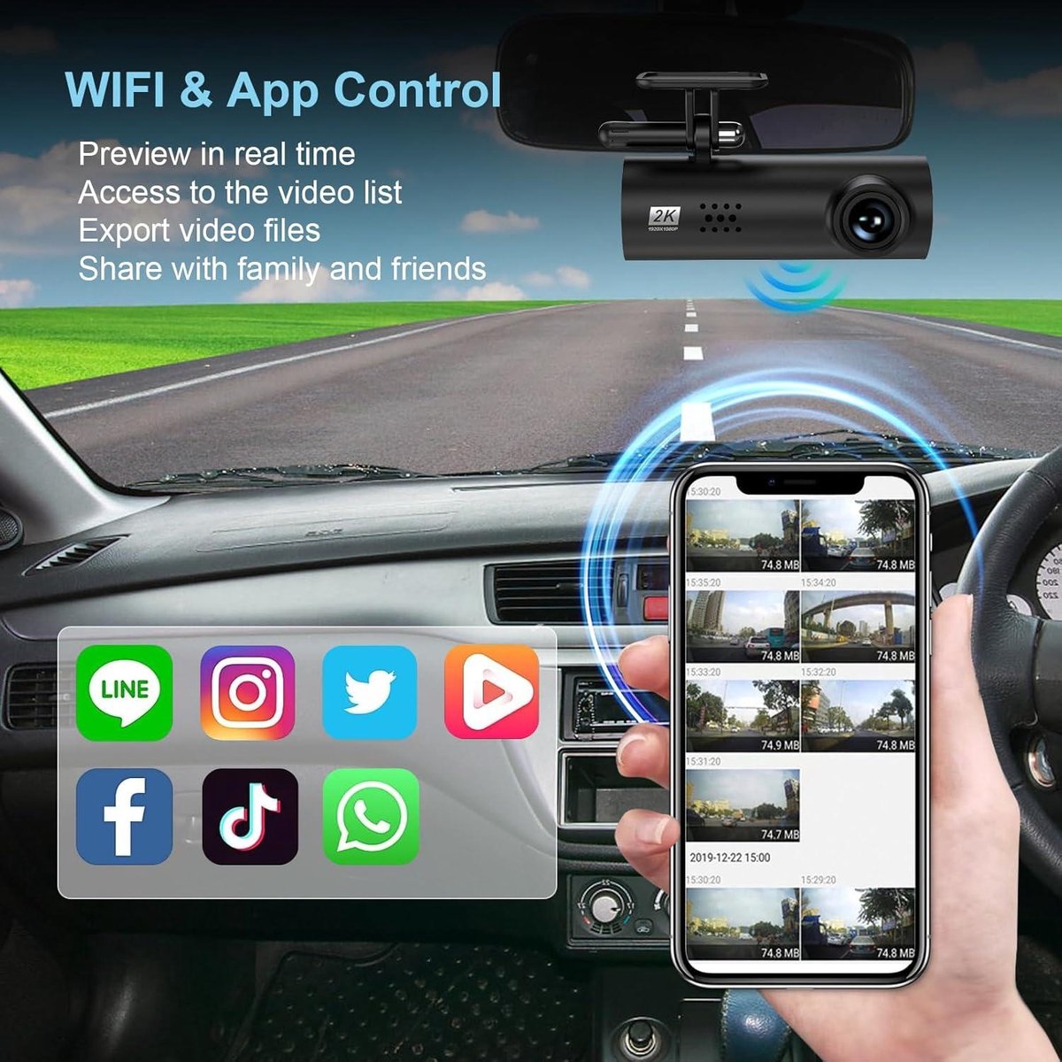Auto achter Dashcam, 2K + 1296P WiFi, 64G SD-kaart, 170Â° groothoek, loopopname, nachtzicht, parkeermodus Dashcam voor auto