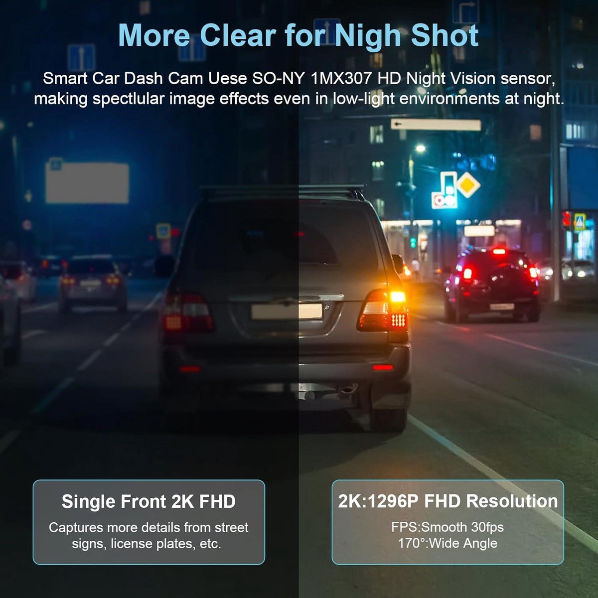 Auto achter Dashcam, 2K + 1296P WiFi, 64G SD-kaart, 170Â° groothoek, loopopname, nachtzicht, parkeermodus Dashcam voor auto