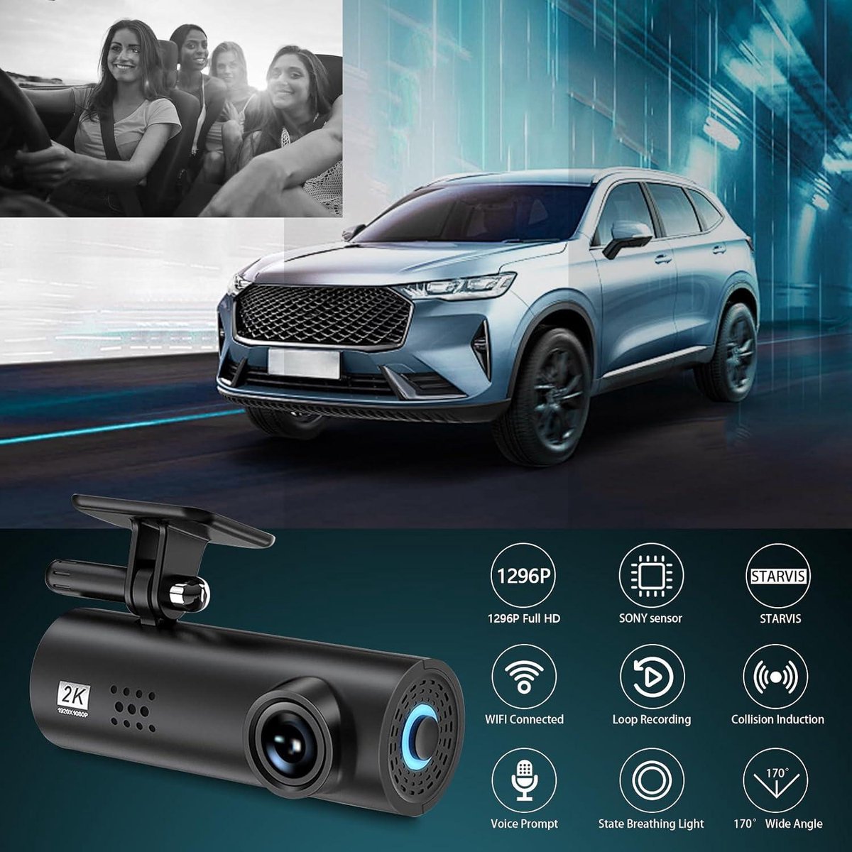 Auto achter Dashcam, 2K + 1296P WiFi, 64G SD-kaart, 170Â° groothoek, loopopname, nachtzicht, parkeermodus Dashcam voor auto